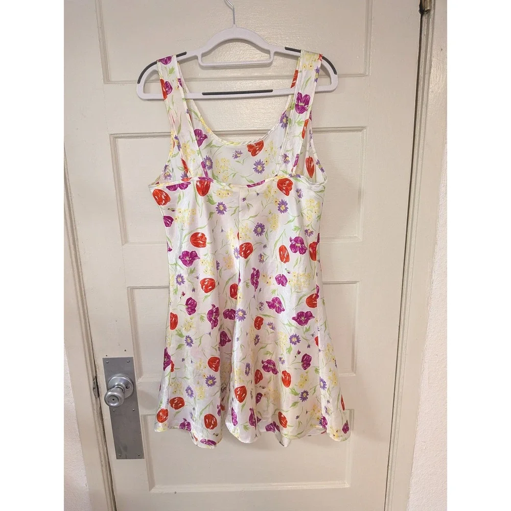 Y2K Vintage Gilligan O'Malley Floral Satin Mini Slip Dress White Red Large - Picture 4 of 4